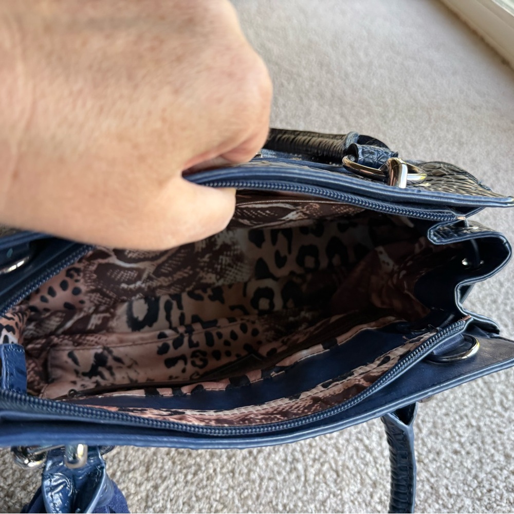 NWOT SHARIF 1827 Blue Tapestry Tote Satchel Handbag Croc Embossed Vintage - Picture 15 of 16